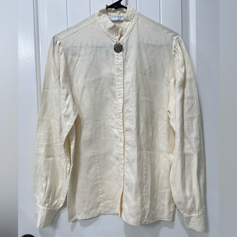 Vintage J. Christopher Button-down Blouse 100% Linen in Ivory